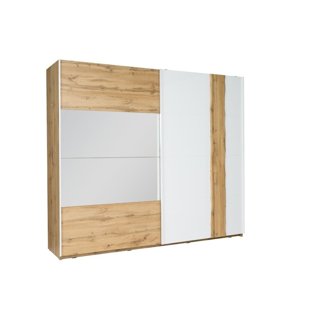 Meublorama Habitación Wood en Colores Roble y Blanco con Cama con LED y Compartimento de Almacenamiento, cómoda, mesitas de Noche y Armario.