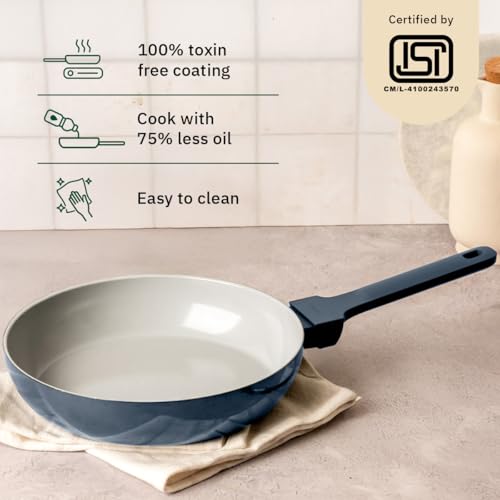 Image of Ember Cookware Arcilla Ceramic Non Stick Cookware Set of 2 | Frying Pan 24 cm & Kadai 2.6 Litre with Metallic Lid | 75% Less Oil | ISI Certified | Non Toxic Ceramic Cookware | Gift Set of 2 | Blue