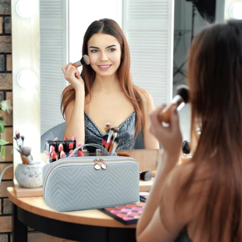 Makeup Bag Cosmetic Bag, Large Capacity Travel Makeup Bag for Women with Portable Pouch Open Flat Water-resistant Toiletry Organizer Bag with Handle Divider(Blue)2