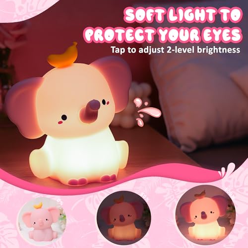 Image of Ammonite Pink Elephant Night Light, Soft Silicone Elephant Nursery Lamp with 2 Dimming Levels and 20-Minute Timer, Touch Control Nightlight for Bedroom Decor, Christmas Birthday Gift