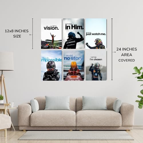 Image of Posters Inc Sports F1 Cars Motivational Posters for Wall A4 Size Aesthetic Setup 300 GSM Matte Paper Pack of 6 Automotive Motorsport Decor for Boys Gaming Room, Bedroom, Home & Office with Adhesive