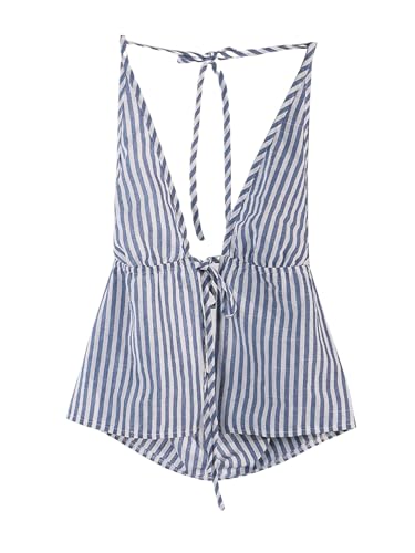 SweatyRocks Women's Sexy Striped Tie Front Halter Tops Sleeveless Drawstring Summer Cami Tops