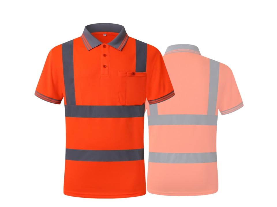 Image of High Visibility Reflective Safety Shirts for Men Women Hi Vis Viz Protective Safety Workwear Polo T Shirt with Pockets for Construction Meet ANSI Class 2(ST191-Orange-XL)