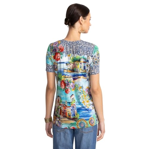 Johnny Was Janie Favorite Christy Short Sleeve V Neck Swing Tee Floral Shirt Green Blue Top New3