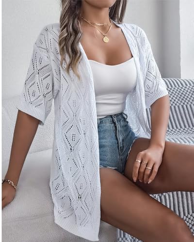 Image of Sulozom Crochet Summer Cardigans for Women Lightweight Short Sleeve Open Front Kimono Boho Beach Vacation Clothes