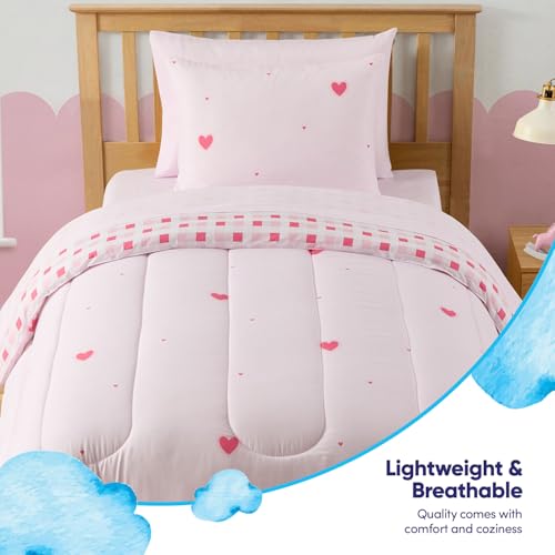 Image of Heart Comforter Set Twin Size for Girls - Soft Pink Bed in a Bag with Sheets, Pillowcases & Shams - Cute Kids Bedding with Love Hearts Design - Cozy Microfiber for Child or Tween Bedroom Decor
