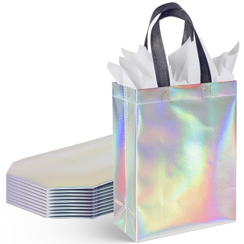 BLEWINDZ 32Pcs Small Paper Gift Bags with Tissues, Iridescent Party Favor Bags with Handles, Holographic Silver Gift Bag for Wedding Baby Shower Birthday Party Supplies