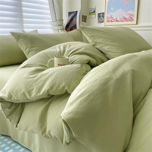 Juego de Cama de algodón Liso con sábana, Funda nórdica y Fundas de Almohada, Individual, para Parejas, tamaño King, Queen y Doble, Color Verde Matcha, 200 x 230, 4 Unidades