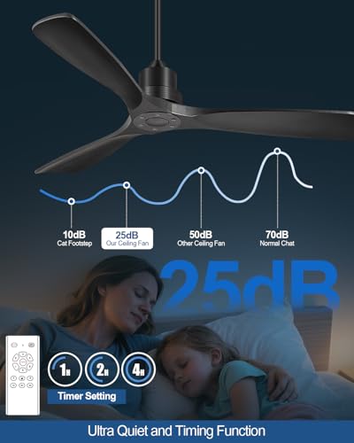 Image of Ceiling Fans With Remote Control, Outdoor Ceiling Fan for Patios Indoor, 3 Downrods, 3 Blades, Timer, 6 Speed Reversible Quiet DC Motor Modern Fan Solid Wood Fan,52in, Matte Black
