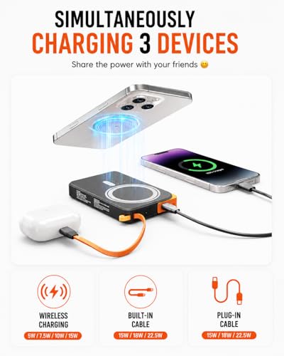 Image of for Magsafe Power Bank iPhone, USB C Magnetic Portable Charger Fast Charging Built in Cable, 10000mAh Wireless Battery Pack for iPhone17 /16 /15 /14 /13 /12, Travel & Daily Use Essentials Powerbank