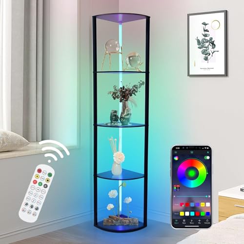 Étagère d'angle RVB à 5 niveaux - Lampadaire LED pour salon - 160 cm - Lampadaire avec étagère en bois via application et télécommande - 6 températures de couleur 2700-6500 K - Vitrine d'angle