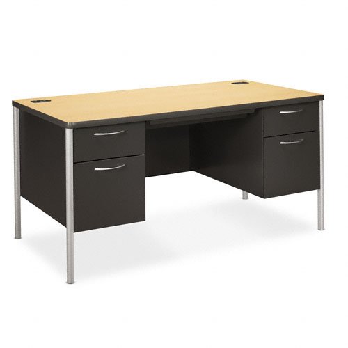 HON Products - HON - Mentor Series Double Pedestal Desk, 60w x 30d x 29-1/2h, Natural Maple/Charcoal - Sold As 1 Each - High-pressure woodgrain laminate worksurface helps resist damage from daily wear-and-tear. - High-sided file drawers with full-extension triple-tied cradles and spring-loaded follower blocks; box drawers extend three-quarters on nylon rollers. - Center drawer with HON "One Key" core removable lock secures all desk drawers. - Convenient wire management system. - Contemporar