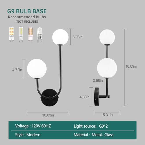 Image of Milk Glass Wall Sconce Black Wall Sconces Mid Century Modern Sconces Wall Lighting 2 Light Globe Sconce for Bedroom Living Room Hallway Wall Light Fixtures