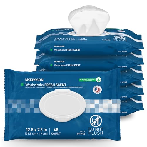 Image of McKesson Washcloth Wipes for Adults, Scented (6 Pack, 288 Washcloths) Disposable Wash Cloths for Body - No-Rinse Formula with Snap Lid - Good for Incontinence and Elderly - 48 Wipes Per Pack