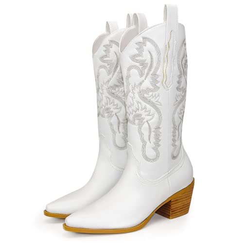 Women's Embroidered Cowboy Western Boots Mid Calf, Pointed Toe Chunky Heel 5Cm Stitching Pull On Design Cowboy Cowgirl Western Boots For Ladies, Party And Outdoor #TOP3