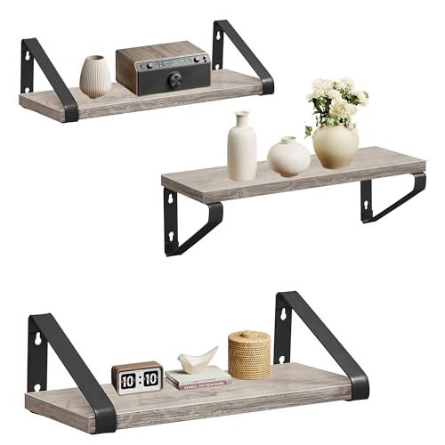 VASAGLE Estantes de Pared, Estantes Flotantes, Juego de 3, 2 Formas de Montaje, 30/35/40 cm, Estantes Decorativos, para Salón, Baño, Cocina, Greige y Negro LWS033B02