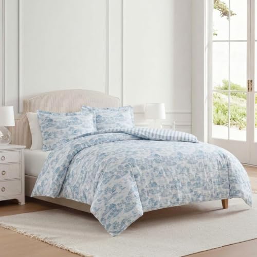 Image of Martha Stewart - Twin Comforter Set, 100% Silky Smooth Cotton Sateen Bedding for Year Round Comfort, 2 Piece Bed Set with Matching Pillowcase (Farmhouse Toile Blue)