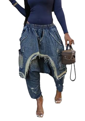 Women's Denim Harem Pants Patchwork Ripped Jeans Elastic Waist Loose Stretchy Trendy Barrel Jeans with Pockets