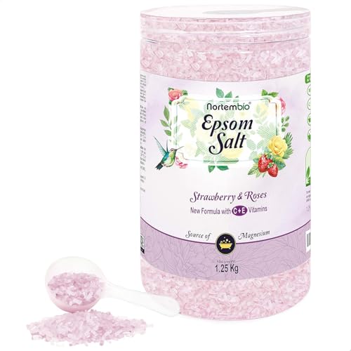 Nortembio Sales de Epsom 100% Fragancia Fresa y Rosas 1,25 kg – Fuente Natural de Magnesio | Con Vitamina C y E Hidratante | Para Baños Relajantes, Spa y Cuidado de la Piel + E-Book Gratis