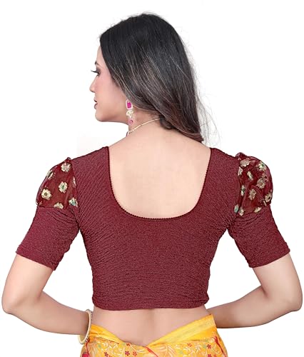 Image of Shreeji Designer Round Neck Cotton Lycra and Net Fabric Fully Stretchable Baloon Sleeve Designer Readymade Blouse for Women