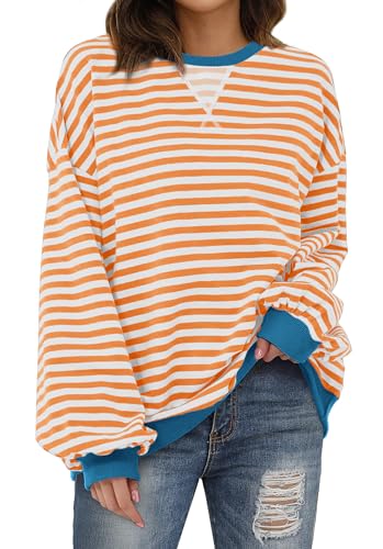 XIEERDUO Womens Crewneck Oversized Sweatshirt Striped Color Block Tops Long Sleeve Shirts Pullover Sweaters Y2K Clothes