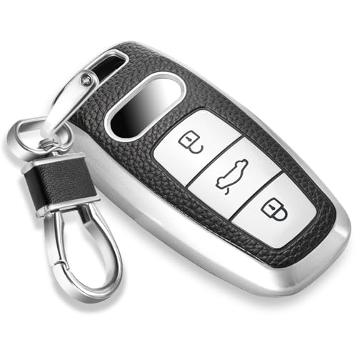 Image of Key Fob Cover for Audi, Leather-Style Keychain Tab Cover, Silver