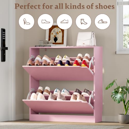 Image of BORNOON Shoe Cabinet with 2 Flip Drawers, Slim Narrow Shoe Storage Cabinet, Freestanding Shoe Organizer with Adjustable & Removable Shelves, Top Display Shelf for Entryway, Hallway, Foyer, Closet