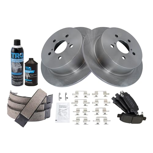 Image of TRQ Rear Brake Pad & Rotor Kit, with Chemical Kit Parking Brake Shoe Set Semi-Metallic Compatible with 2008-2009 Subaru Legacy