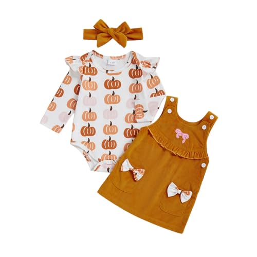 Image of Ayalinggo My First Halloween Baby Girl Outfit Newborn Pumpkin Skirt Romper Set Happy Thanksgiving Clothes With Knot Headband