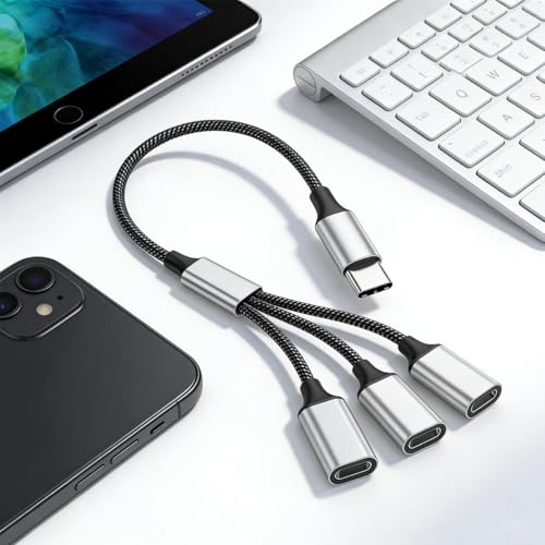 Image of Verilux PD 60W USB Splitter 1 in 3 Out, 3-in-1 Type C to A Cable with A Double Dual Port for Charging & 480Mbps Data Sync, Nylon Braided Type-C Hub with Aluminum Housing for iPhone 17 /16 /15, Laptop