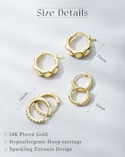 3 PairsTrendy Dainty Set Earrings- 14K Gold Plated Hoop Earrings for Women, Hypoallergenic Lightweight Stackable Jewelry Gift for Multiple Piercings2