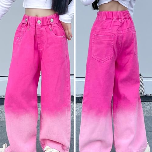 Girls Baggy Jeans Gradient Colors High Rise Elastic Waist Wide Leg Streetwear Washed Denim Pants for Kids 5-16Y4