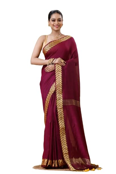 Cotton Blend Soft Handloom Saree with Gold Leaf Border, With Running Blouse Piece, 6.25m, Traditional Saree,-picture-16