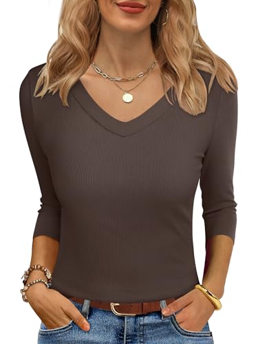ANRABESS Womens Tops 3/4 Sleeve V Neck Ribbed Knit Slim Fit Shirt...