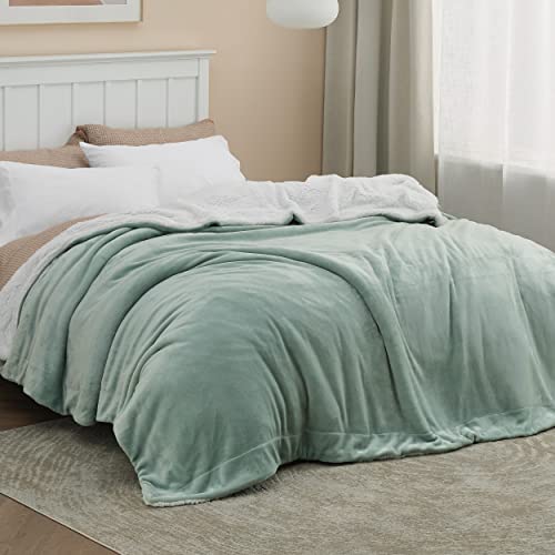 Image of Bedsure GentleSoft Sherpa Fleece Blankets King Size for Bed, Non-Heated, Thick and Warm Throw for Women and Men, Soft Fuzzy Plush King Blanket for Spring, Sage Green, 108x90 Inches