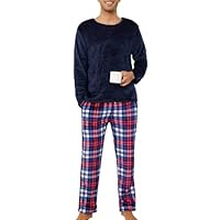 Lovasy Fleece Schlafanzug Herren Lang Winter Warm Pyjama Set Zweiteiliger Herrenschlafanzug Langarm Frottee Schlafanzüge für Herren,Blau/Kariert,XL