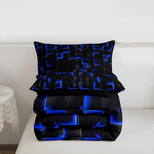 Image of Erosebridal Neon Black Blue Boys Comforter Set Toddler Size Geometric Checkered Kids Bedding Set Teen Men Gaming Room Decor,Abstract Ombre Plaid Comforter Grids Quilt Duvet