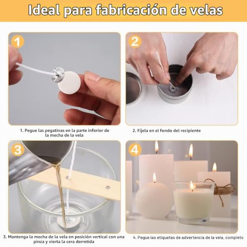 Miniatura 3 de Mechas Para Velas, 200 Mechas Para Velas, 5 Cm 10 Cm 15 Cm 20 Cm, Mechas Naturales Para Velas Con Soporte Para Mecha De Madera Y Adhesivo De Doble Cara, Para Hacer Velas