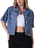 CIMUK Womens Short Sleeve Denim Jackets 2025 Collared Button Up Cropped Jean Jacket Shirts XX-Large Dark Blue