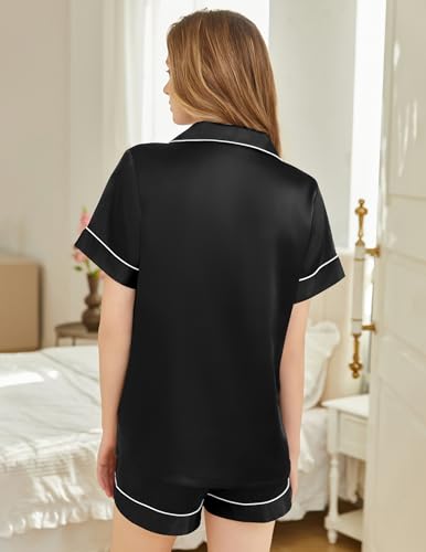 Image of Silk Pajamas for Women Short Sleeve Sleepwear Soft Button Down Loungewear 2 Piece Satin Pjs Shorts Set S-XXL