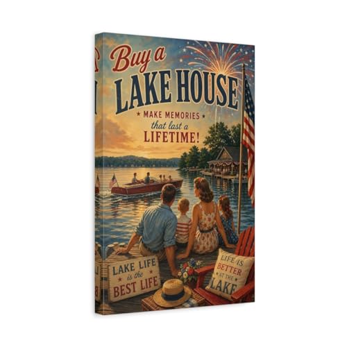 Toile vintage lake house life déco murale salon tons chauds vertical 30x45cm