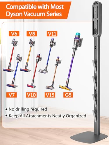 Image of Vacuum Stand for Dyson Gen5 V15 V12 V11 V10 V8 V7 V6 - Stable Metal Holder w /Hidden Cord Management & 4 Hooks, Storage Rack for Dyson Cordless Vacuum & Accessories, Easy Assembly, Dark Gray