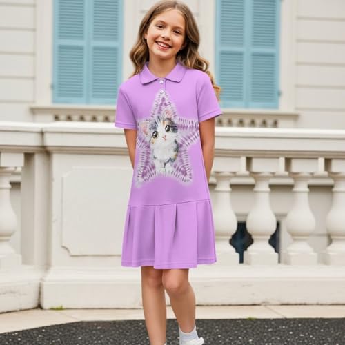 Print Girls Tennis Polo Dress with Pleated Skirt Knee Length Goft Dresses Short Sleeve Athletic Dress Size 5-142