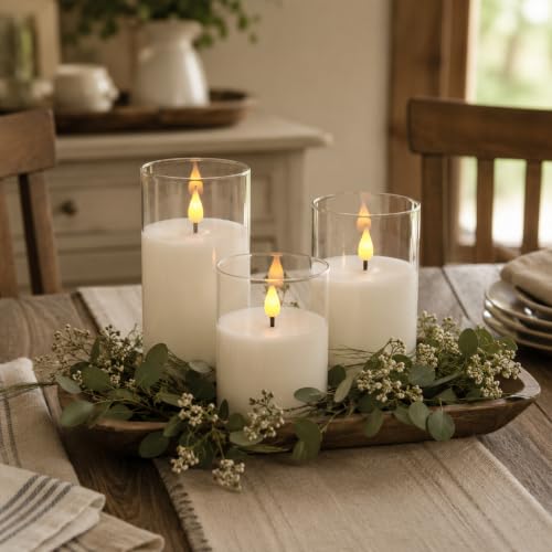 Image of Lezonic Rechargeable Flameless Glass Pillar Candles Set of 3, White Real Wax LED Type-C USB Electric Battery Operated Candles with Remote Timer, Flickering Long Lasting for Bedroom Living Room Decor
