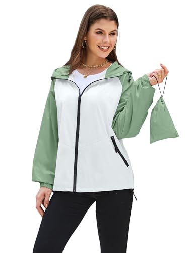 PITINAN Ladies Rain Jackets Waterproof With Hood Packable Lightweight Windbreaker Jacket Women Light Rain Jacket Womens Raincoat For Travel Light Green White L