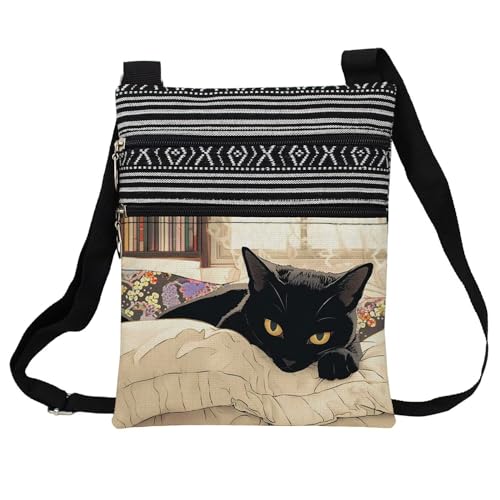 Black Cat Messenger Bag Small Ethnic Pattern Printed Adjustable Strap Crossbody Zipper Bag Black Cat Phone Bag Wallet Cute Shoulder Handbag for Women - 5