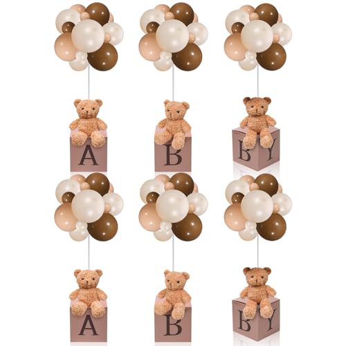 Image of Lenwen 6 Sets Baby Letter Boxes Decorations Table Centerpieces for Baby Shower Gender Reveal,Bear Stuffed Animals Balloon with Stand Plush Toy Boxes for Birthday Party Wedding (Bear,Brown)