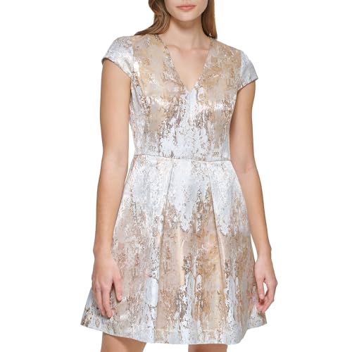 Image of Vince Camuto Women's Jacquard Cap Sleeve V-Neck Fit and Flare