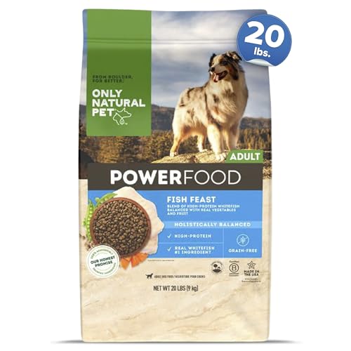 Image of Only Natural Pet PowerFood Fish Feast Grain-Free Dry Dog Food w /Wild-Caught Whitefish, Pumpkin & Superfoods - High Protein, Low Carb Recipe for Small to Large Breeds, Adult to Senior - 20 lb Bag
