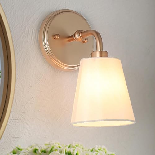 Image of Gold Wall Sconce, Modern 1-Light Sconces Wall Lighting with Fabric Shade for Bathroom, Bedroom, Kitchen and Living Room